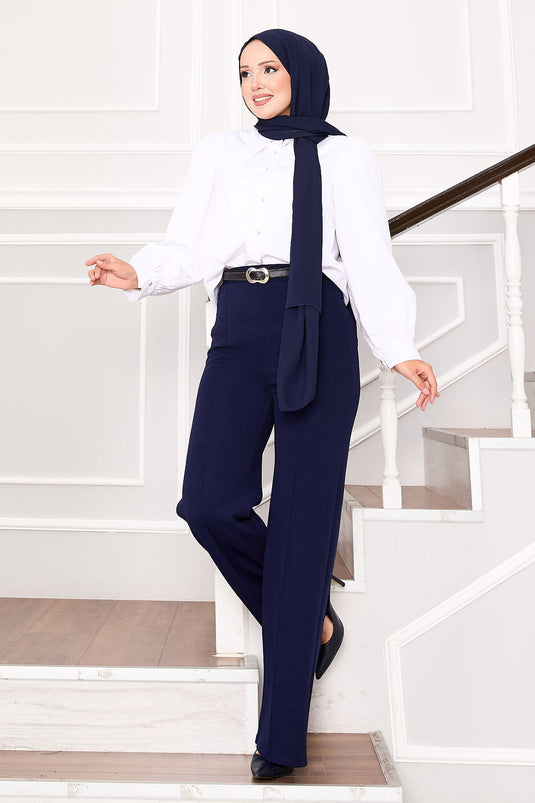 Önü Çımalı Beli Lastikli Palazzo Pantolon Lacivert
