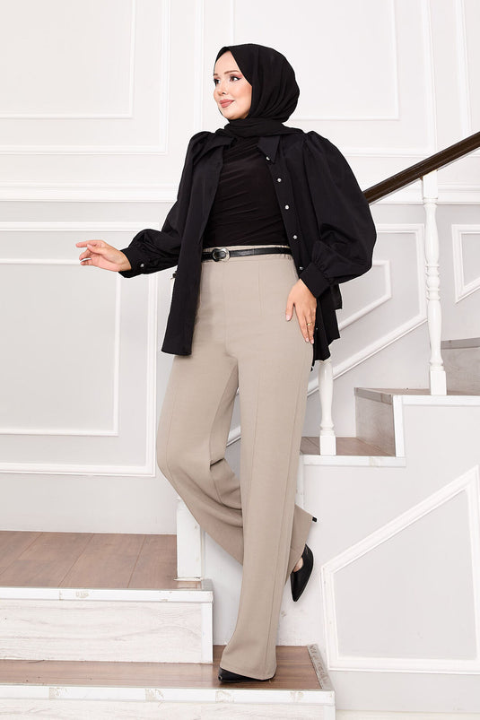 Pantalon Palazzo avec taille élastique et côtes sur le devant