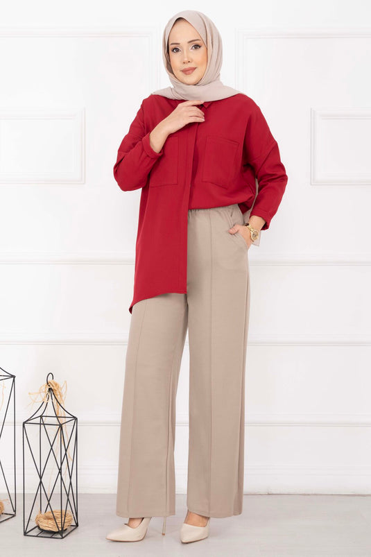 Front Pleated Pocket Detailed Trousers Stone