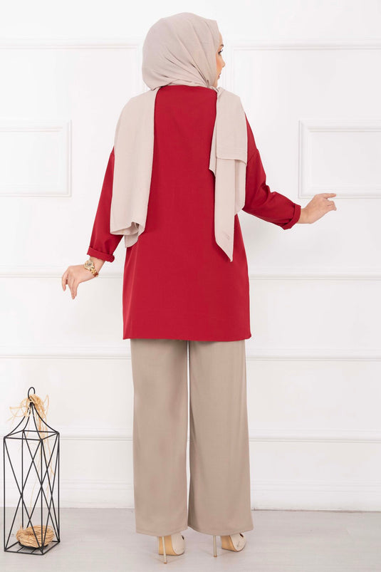 Önü Çimalı Cep Detaylı Pantolon Taş