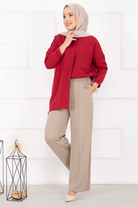 Önü Çimalı Cep Detaylı Pantolon Taş