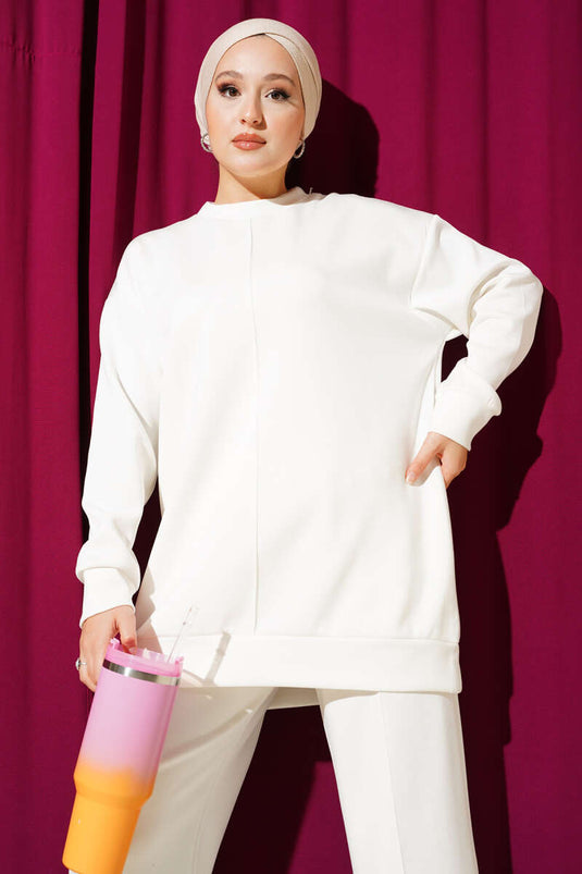 طقم تونيك بأزرار أمامية من قطعتين لون بيج فاتح