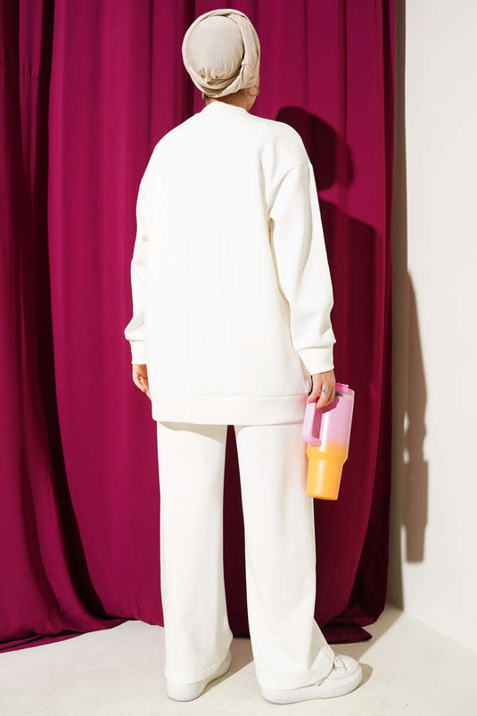 طقم تونيك بأزرار أمامية من قطعتين لون بيج فاتح