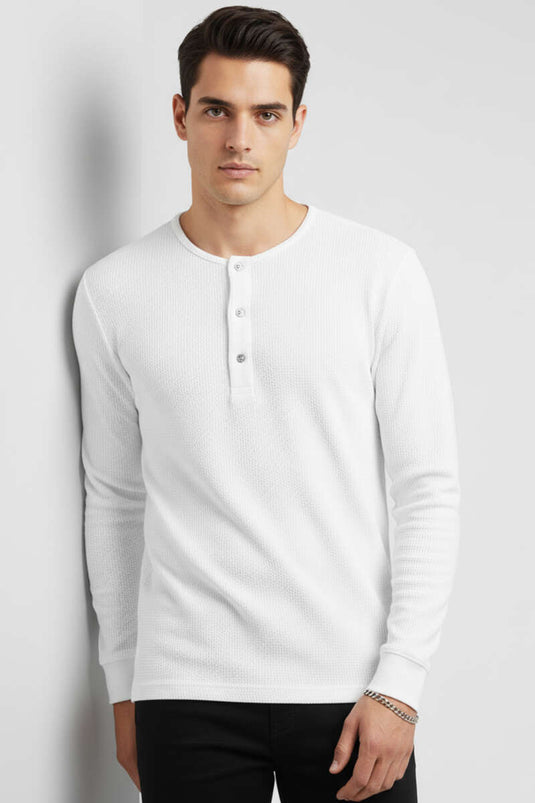 Önü Çıtçıtlı Waffle Sweatshirt Beyaz