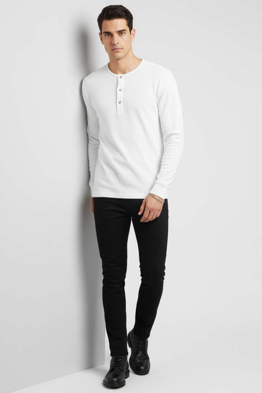 Önü Çıtçıtlı Waffle Sweatshirt Beyaz