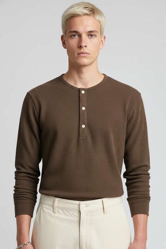 Önü Çıtçıtlı Waffle Sweatshirt Kahve