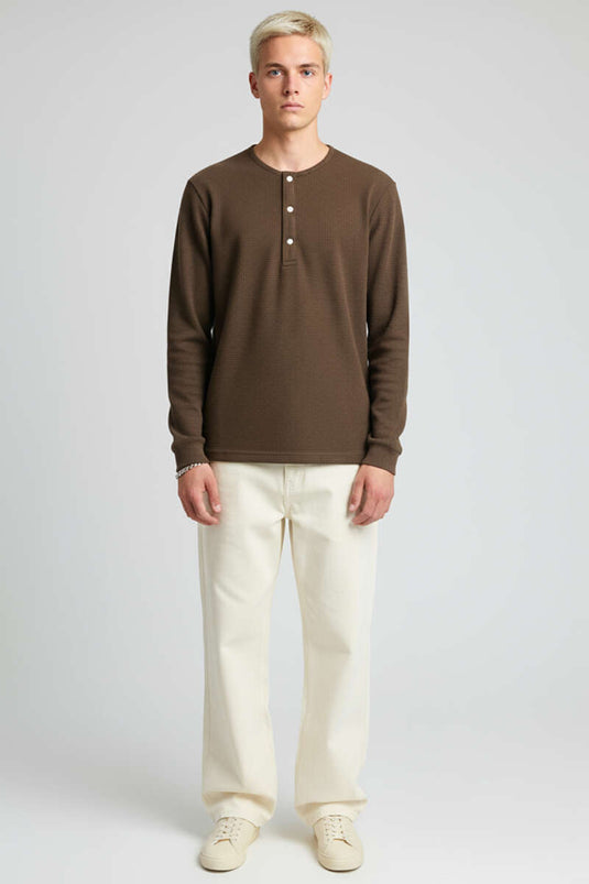 Önü Çıtçıtlı Waffle Sweatshirt Kahve