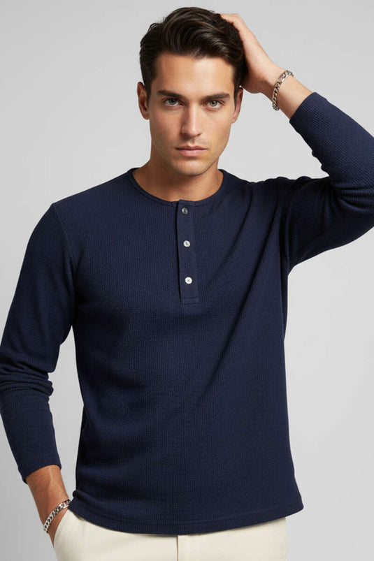 Navy Blue Waffle Sweatshirt with Snap Front Closure