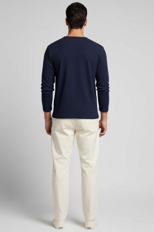 Navy Blue Waffle Sweatshirt with Snap Front Closure