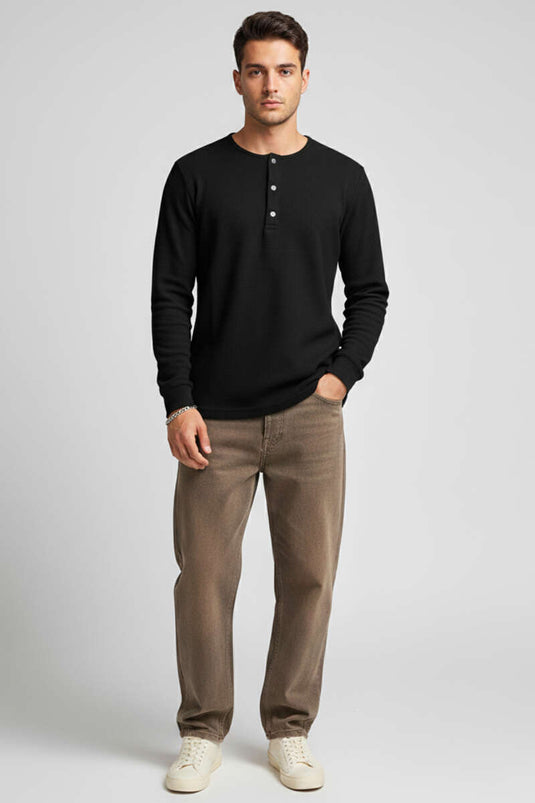 Önü Çıtçıtlı Waffle Sweatshirt Siyah