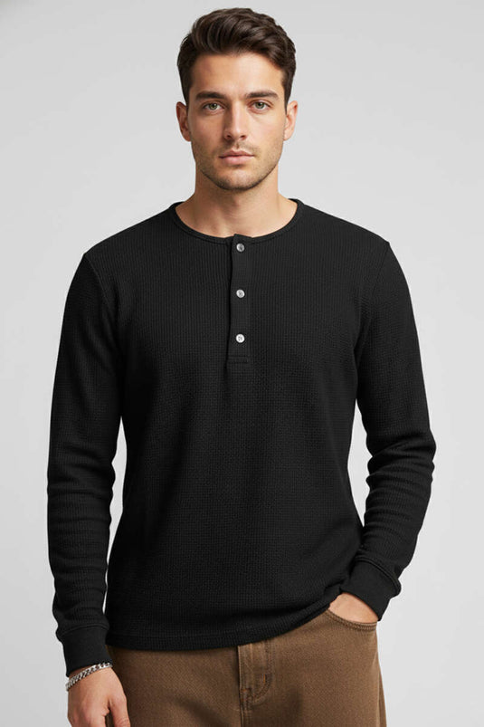 Önü Çıtçıtlı Waffle Sweatshirt Siyah