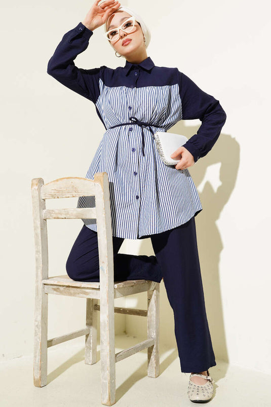 Önü Çizgi Garnili İp Kuşaklı İkili Takım Lacivert