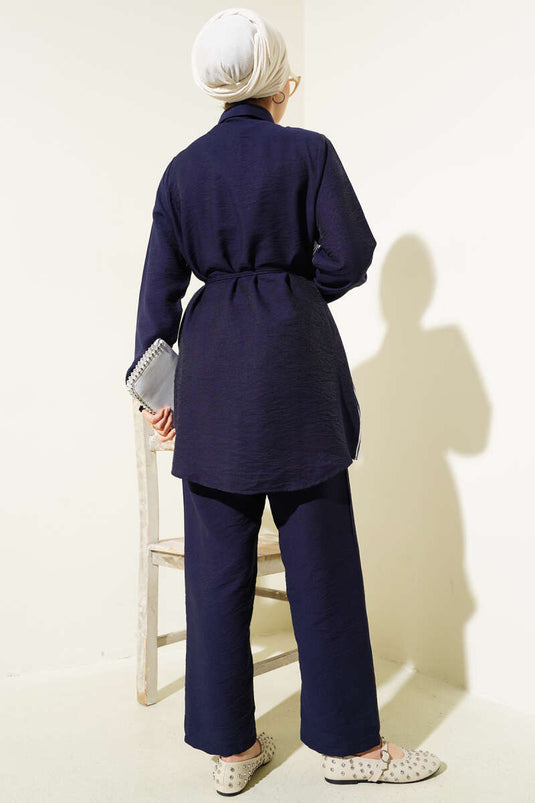 Önü Çizgi Garnili İp Kuşaklı İkili Takım Lacivert