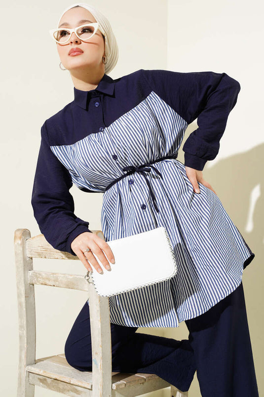 Önü Çizgi Garnili İp Kuşaklı İkili Takım Lacivert