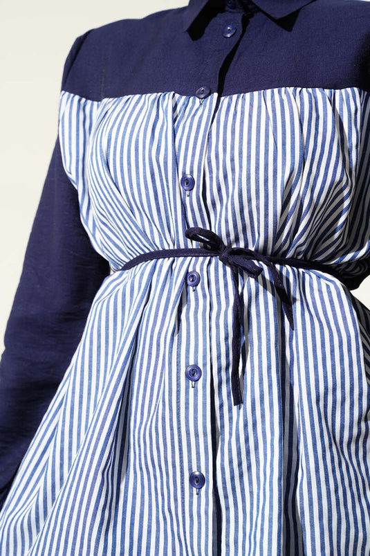 Önü Çizgi Garnili İp Kuşaklı İkili Takım Lacivert