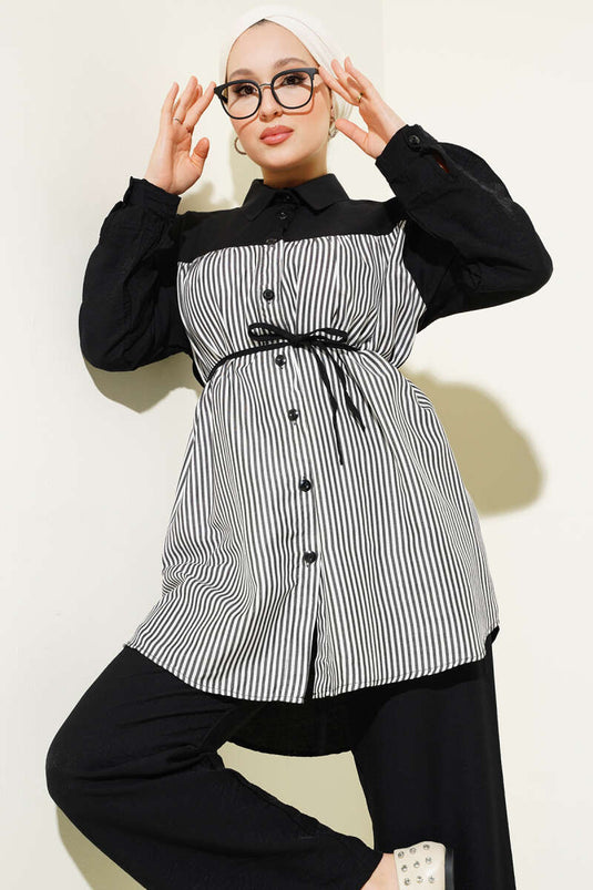 Voorzijde gestreept versierd touw riem tweedelig pak zwart