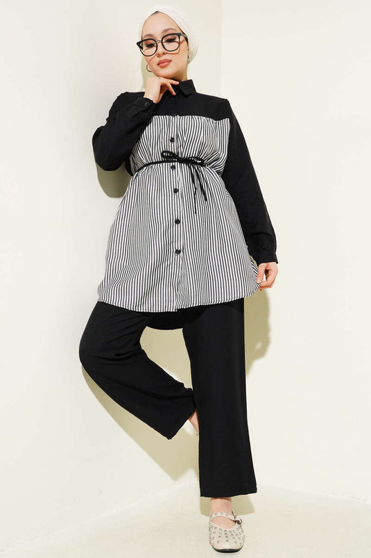 Voorzijde gestreept versierd touw riem tweedelig pak zwart