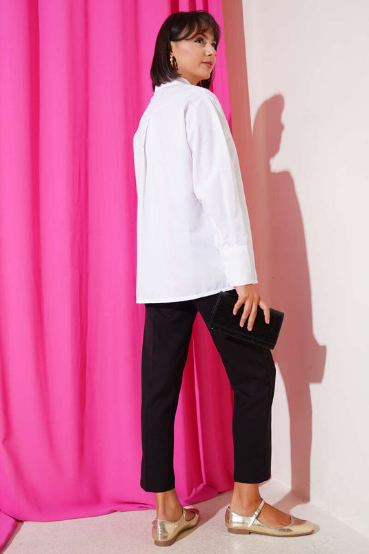 Önü Dantel Detaylı Gömlek Beyaz