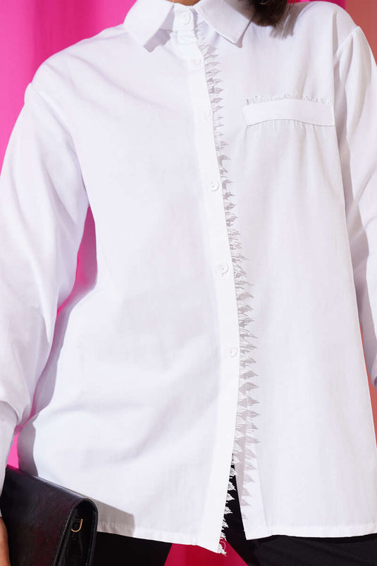 Önü Dantel Detaylı Gömlek Beyaz