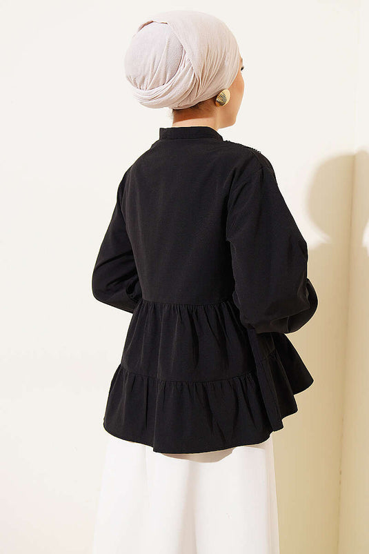 Short Shirt with Lace Strip Front Black