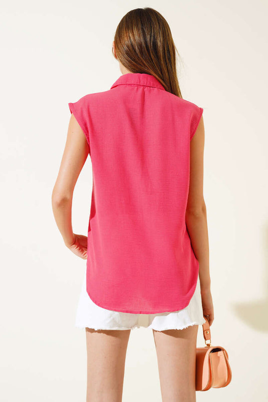 قميص فوشيا بأكمام صفرية من الدانتيل الأمامي