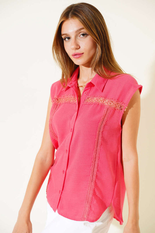 قميص فوشيا بأكمام صفرية من الدانتيل الأمامي
