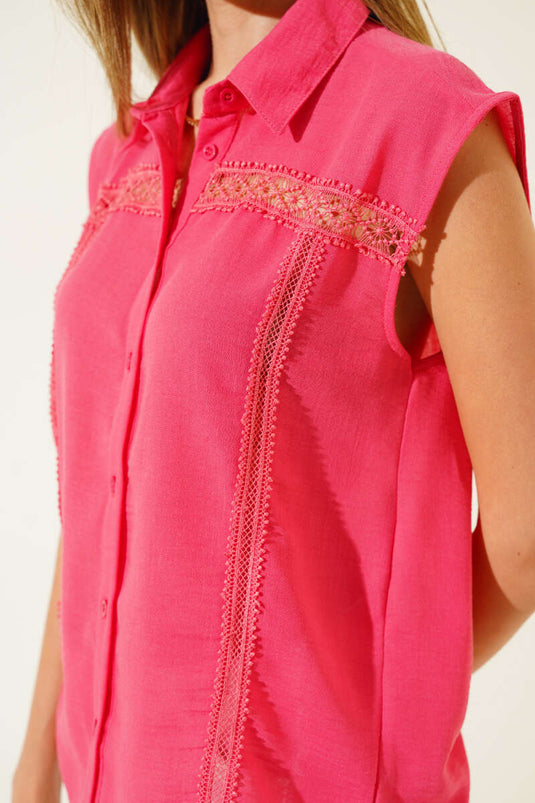 Kanten voorpand, mouwloos shirt, fuchsia
