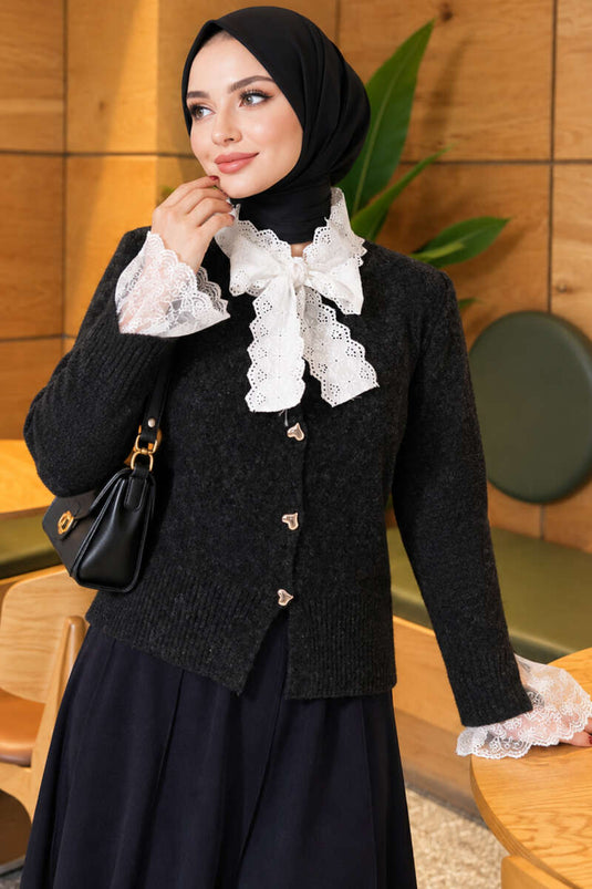 Gilet En Maille À Nouer Et Dentelle À L'avant, Anthracite