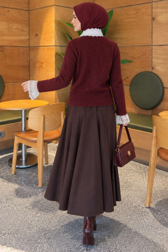 Gilet En Maille Bordeaux À Boutons Avec Détails En Dentelle