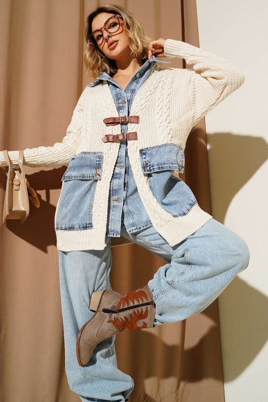 Önü Deri Tokalı Triko Hırka Bej