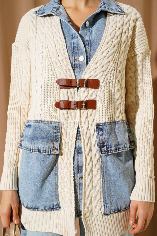 Önü Deri Tokalı Triko Hırka Bej