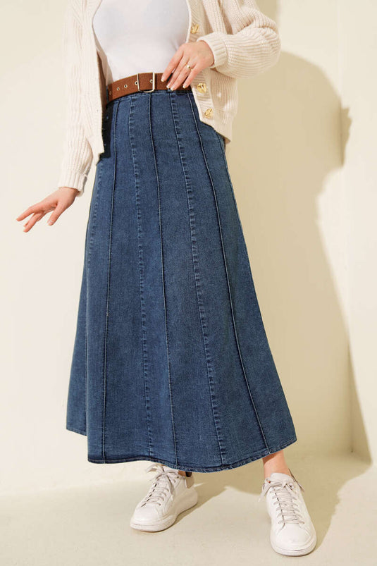 Önü Dikiş Detaylı Kemerli Kot Etek Kot