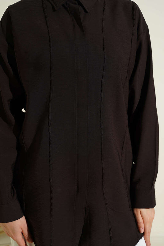 Loose Shirt with Front Stitch Detail Dark Brown