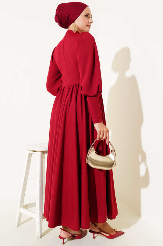 Front Stitched Waist Pleated Dress Burgundy