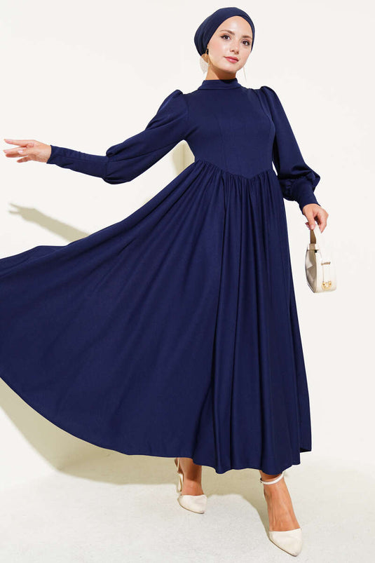 Navy Blue Dress with Front Stitched Waistline and Pleats