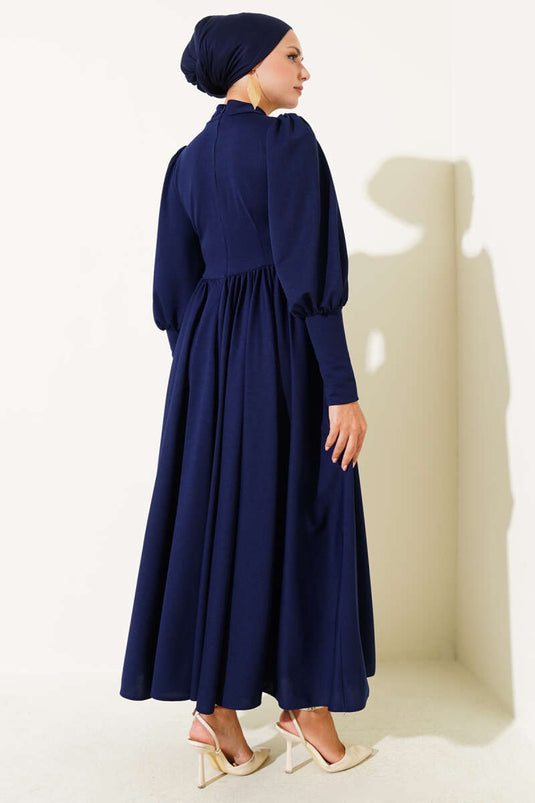 Navy Blue Dress with Front Stitched Waistline and Pleats