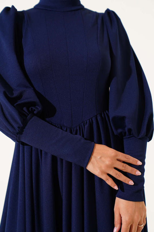 Navy Blue Dress with Front Stitched Waistline and Pleats