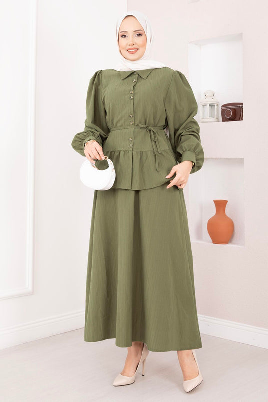 Two-Piece Set with Button-Front Skirt in Khaki