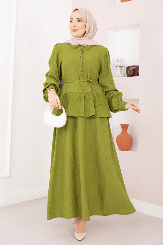 Two-Piece Set with Button-Front Skirt in Olive Green