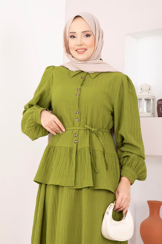 Two-Piece Set with Button-Front Skirt in Olive Green