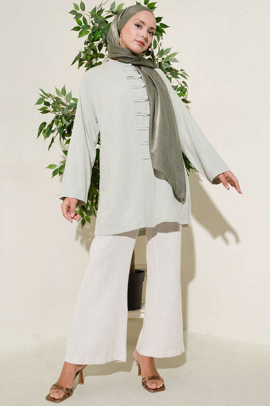 Önü Düğme Detaylı Keten Tunik Çağla Yeşili