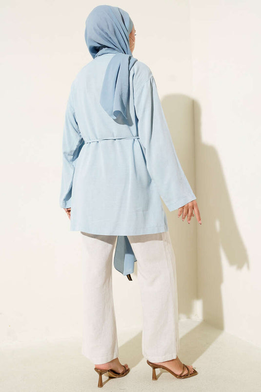 تونيك كتان مع تفاصيل أزرار في الأمام باللون الأزرق