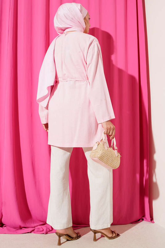 Önü Düğme Detaylı Keten Tunik Pembe