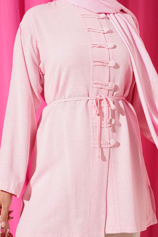 Önü Düğme Detaylı Keten Tunik Pembe