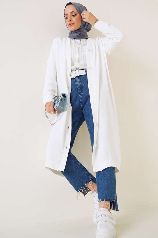 Cardigan lungo bianco Ayrobin con bottoni sul davanti