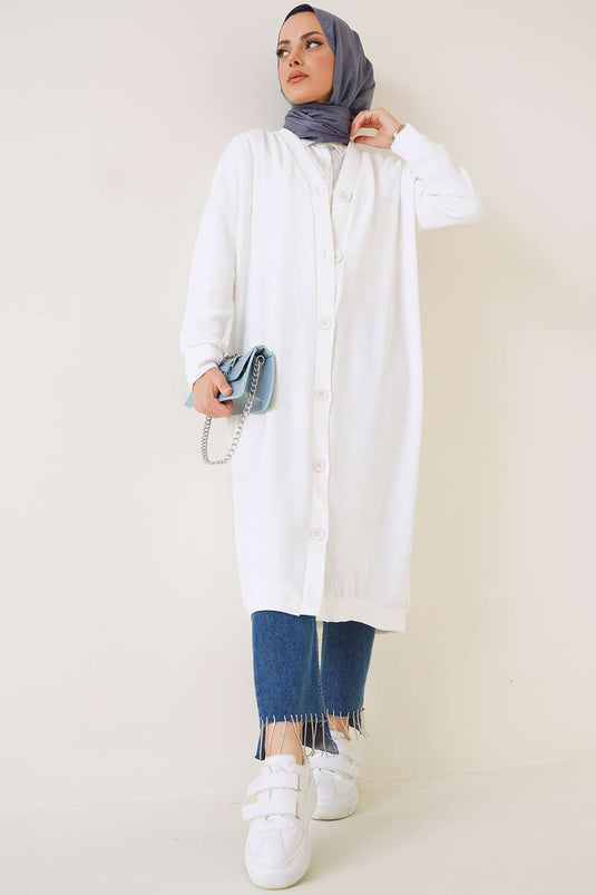 Ayrobin White Long Cardigan with Buttons on the Front