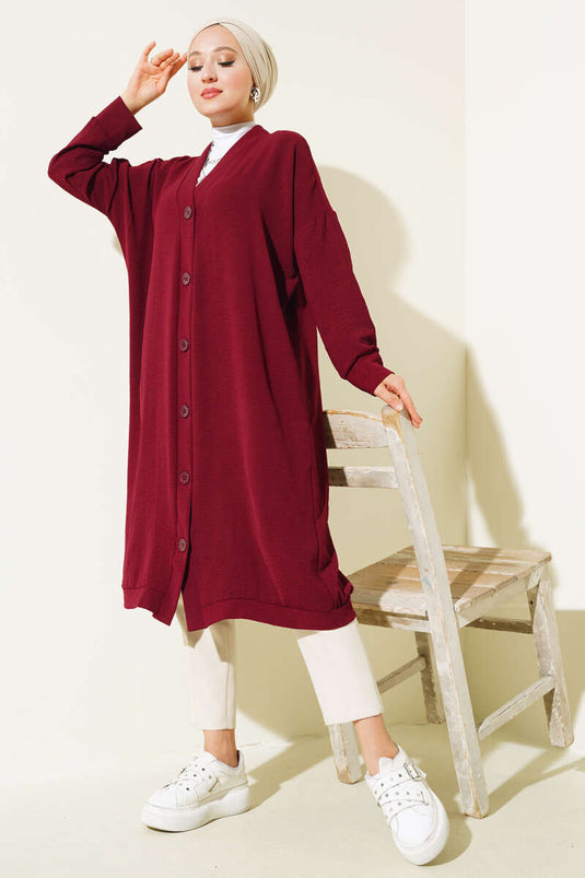 Ayrobin Burgundy Long Cardigan with Front Buttons