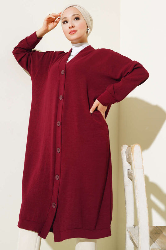 كارديجان طويل باللون العنابي من أيروبين مع أزرار أمامية