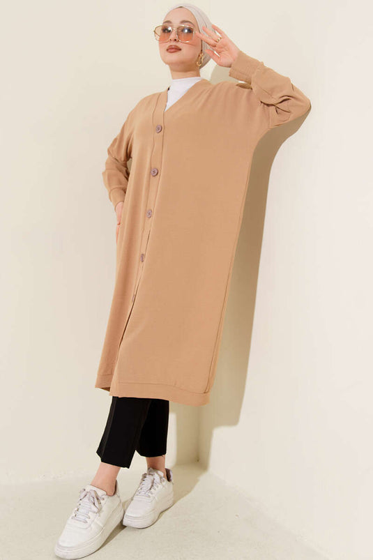 Front Buttoned Ayrobin Biscuit Long Cardigan
