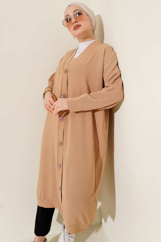 Front Buttoned Ayrobin Biscuit Long Cardigan